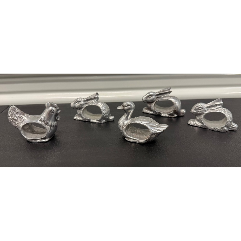 Vintage Pewter Style Animal Napkin Rings Set of 5 Rabbits, Duck, Hen